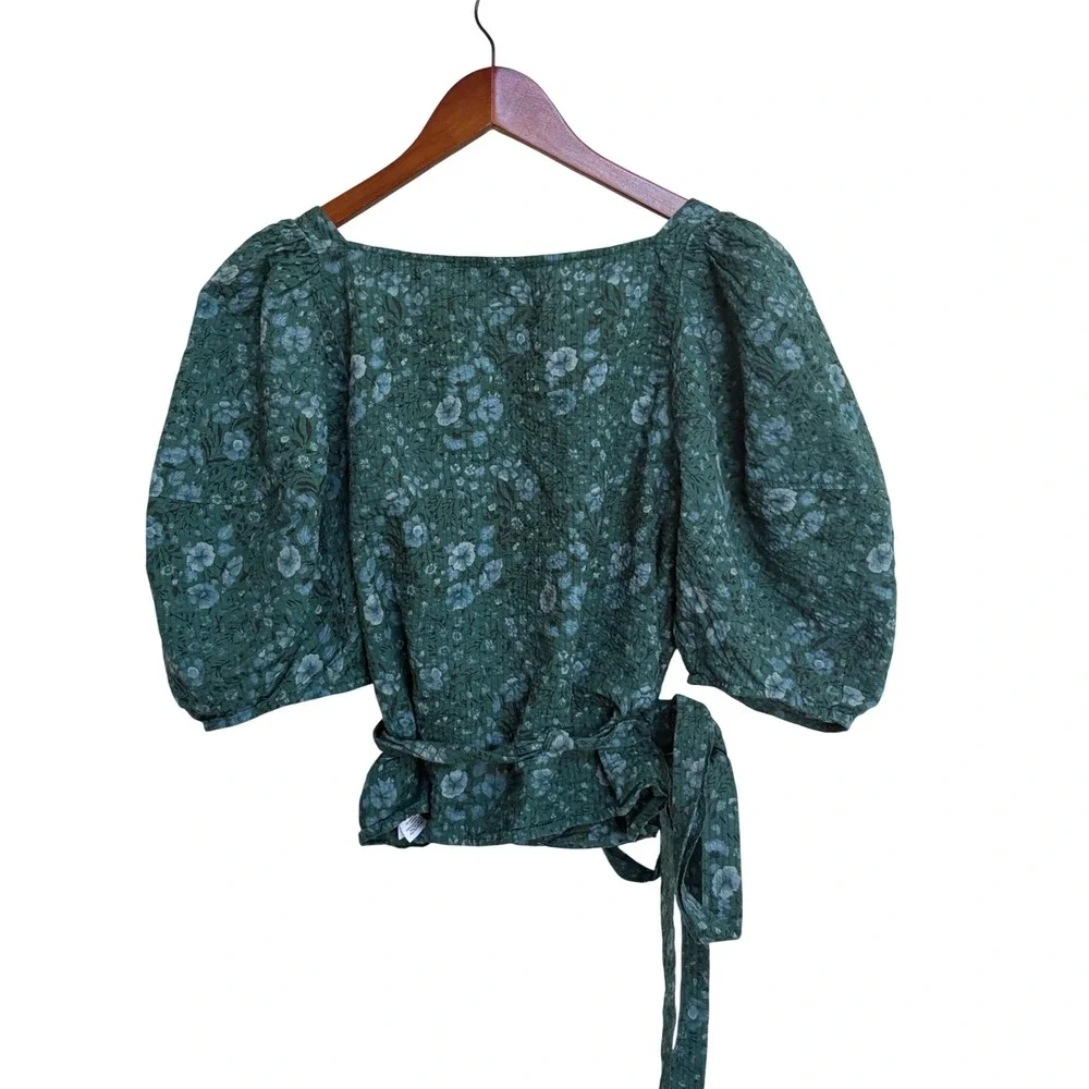 Madewell Green Floral Puff Sleeve Wrap Top Cotton V-Neck Blouse Size Medium